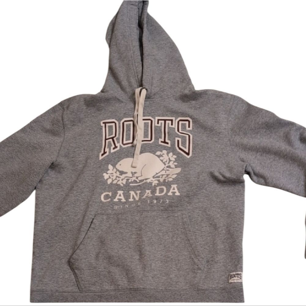 Roots Canada Hoodie Pullover Sweatshirt Men’s Grey Beaver Print Size M